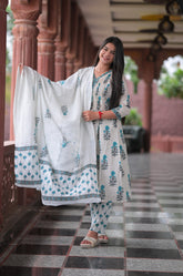 Arihantam Ivory Stripe Bloom Hand-Block Printed Cotton Suit Set With Dupatta
